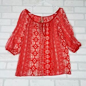YETTS Los Angeles Red White Geometric Leopard Print Cold Shoulder Blouse M